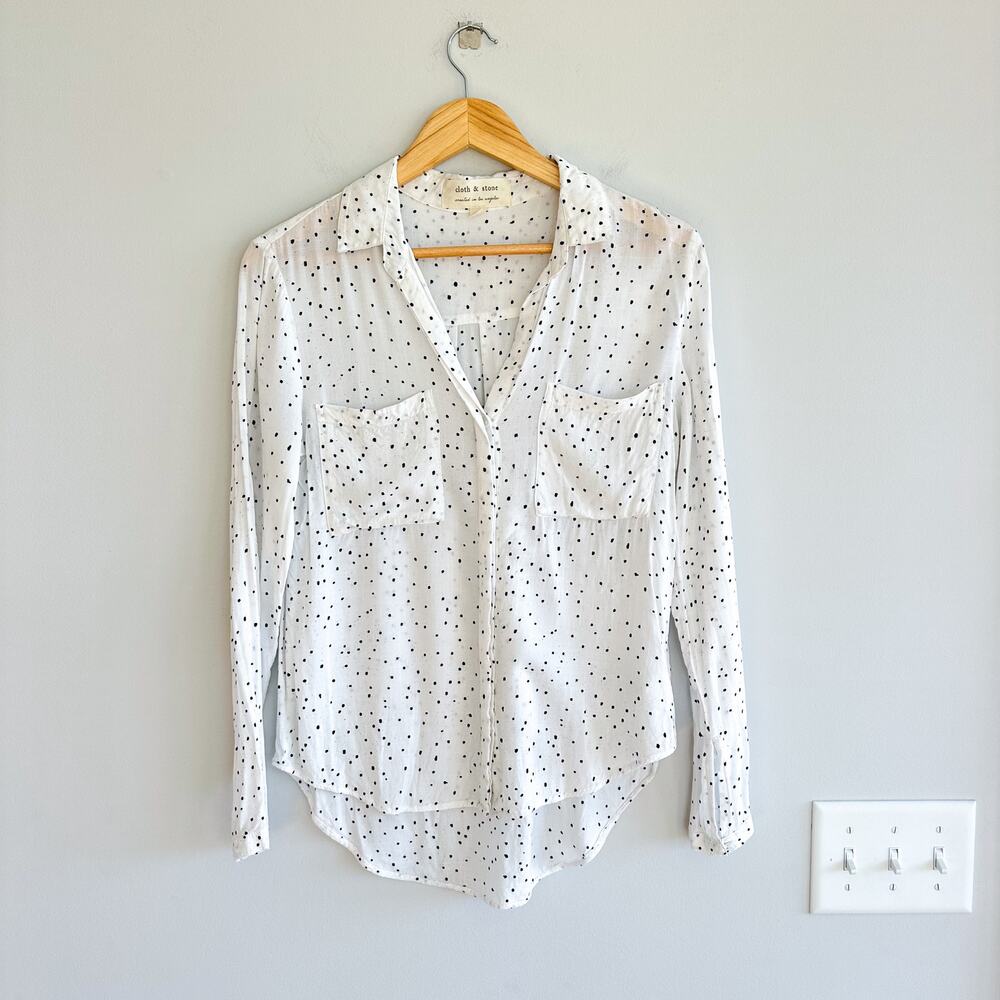 Cloth & Stone Dotscape V-Neck Button Up Blouse White Black XS